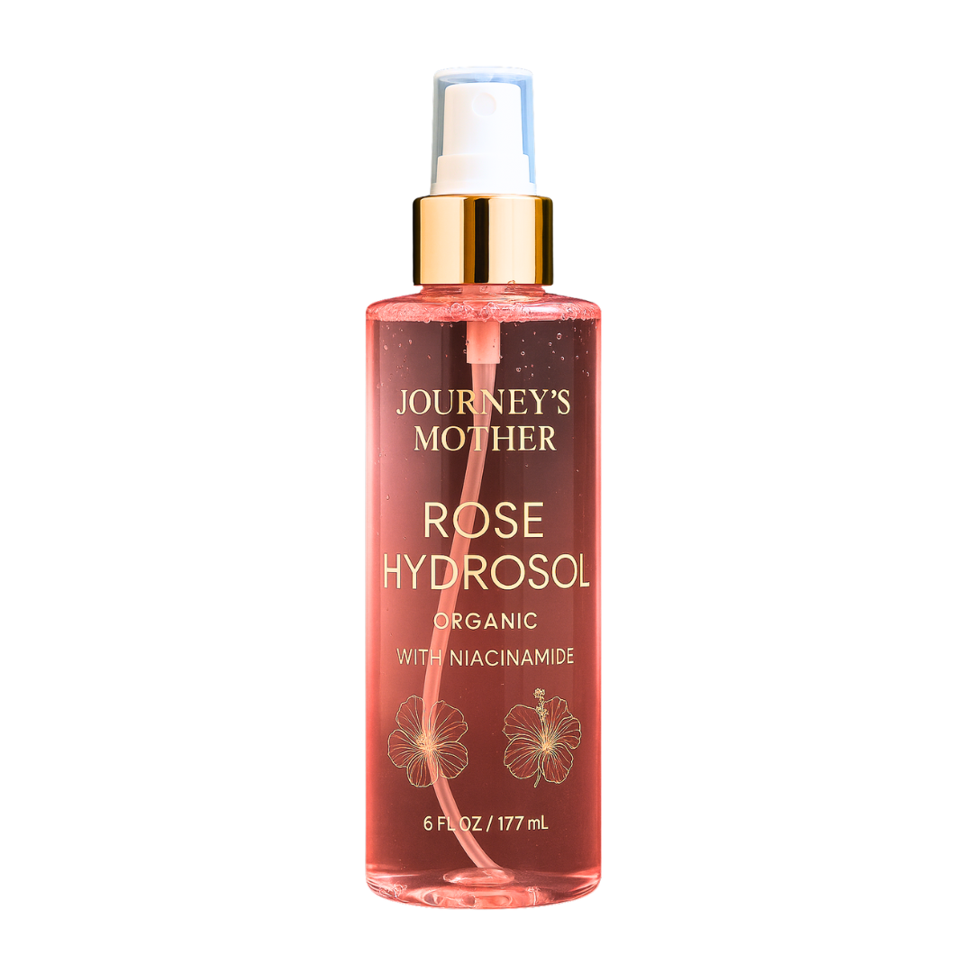 Bottle of Journey's Mother Rose Hydrosol on a white background