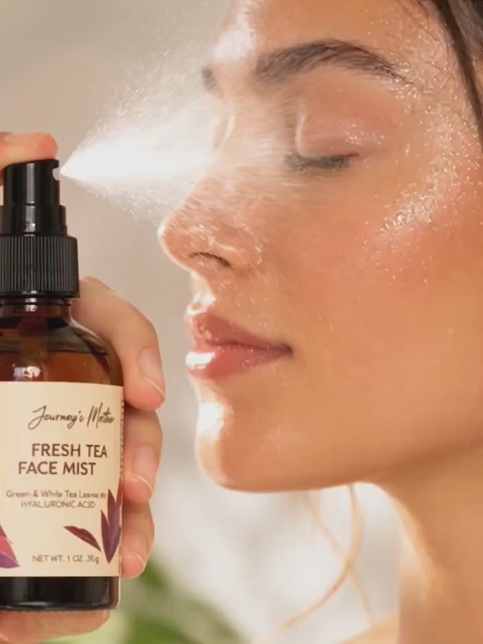video of woman hydrating face with journeys mother beauty fresh tea face mist.
